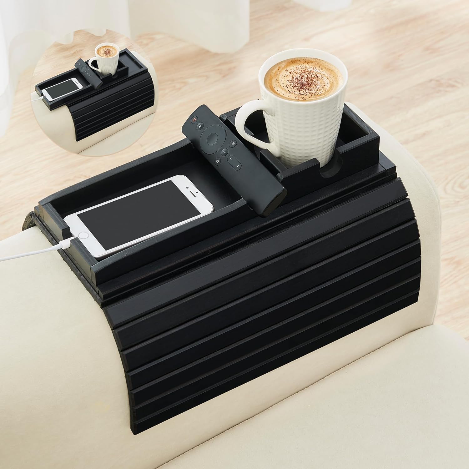 GEHE Detachable Couch Cup Holder, Anti Falling Sofa Arm Tray, Natural Bamboo Sofa Cup Holder More Safe for You Family, Portable Couch Arm Tray Armrest Table for Remote, Snacks, Phone, Drinks