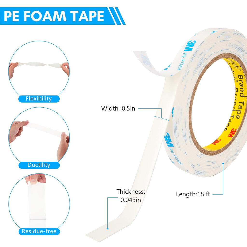 3M 1600T Double Sided Tape, PE Foam Tape 0.5" x 18 Ft White Removable Strong Adhesive No Residue for RV Picture Hanging, Posters Frames Wall Decor Indoor & Outdoor Use