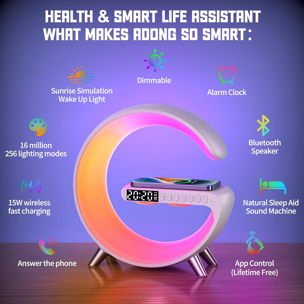 Smart Wireless Charging Alarm Clock with Bluetooth Speaker, App Controlled Bedside Lamp Table Light and Night Light, Bedroom Home Decor, Gift for Girls Boys and Family for Birthday Christmas (White)