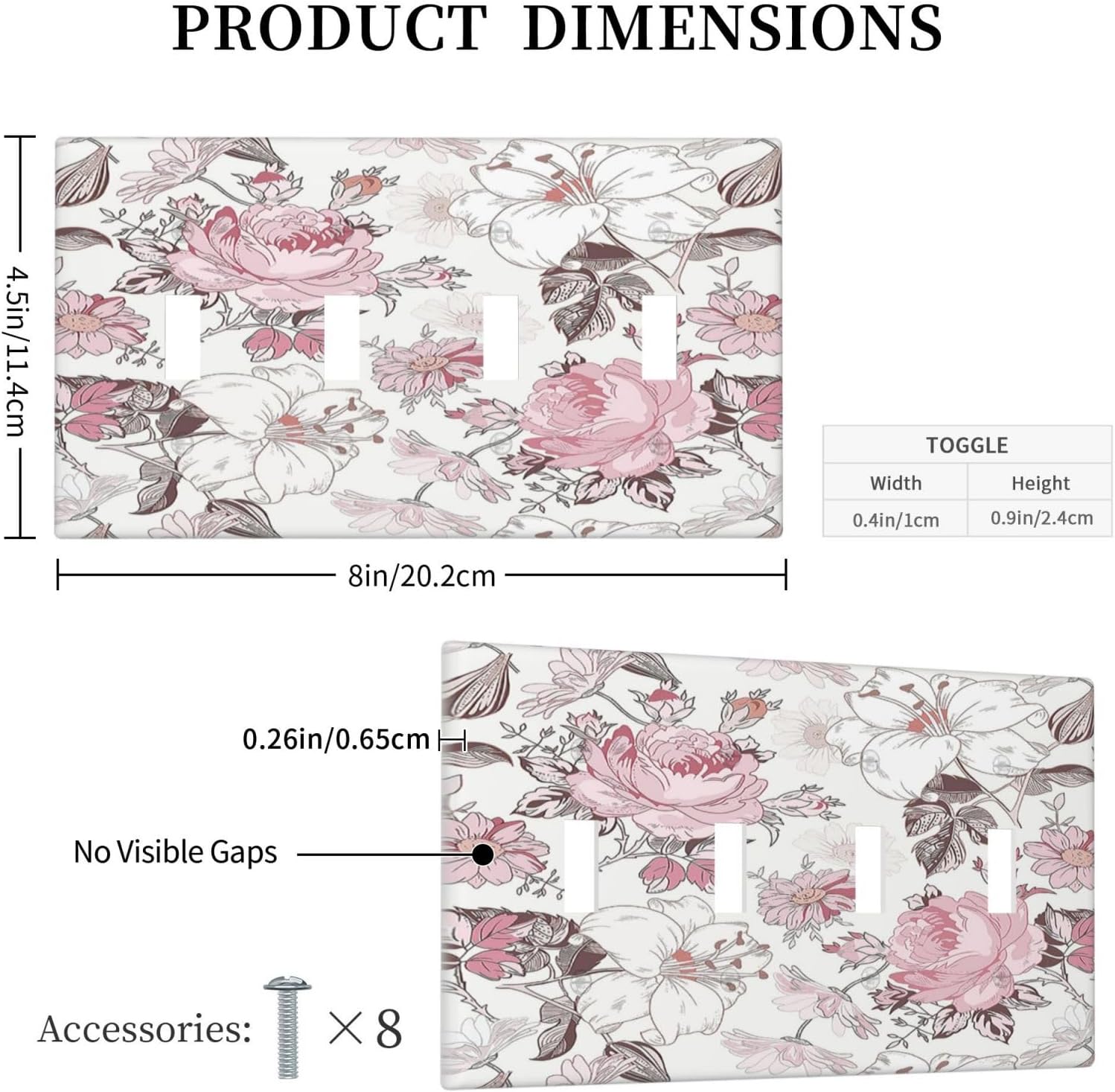 Light Switch Covers Modern Watercolor Flower Pink White Wildflower Quad Toggle 4 Gang Wall Plate Electrical Faceplate Decorative Switch Plates for Bedroom Home Decor