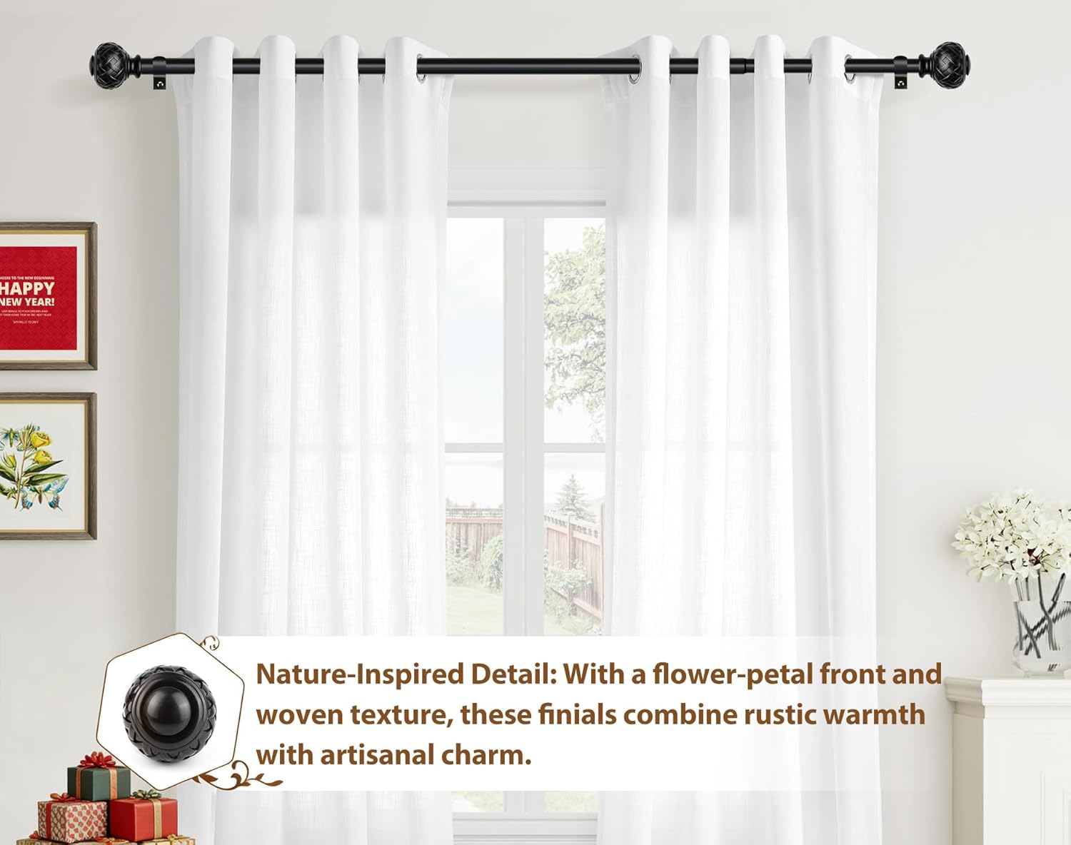 TONIAL Black Curtain Rod 32 to 120 Inches, 7/8 Adjustable Curtain Rods for Windows 20 to 116 Inches, Splicing Drapery Rods Heavy duty with Netted Texture Finials