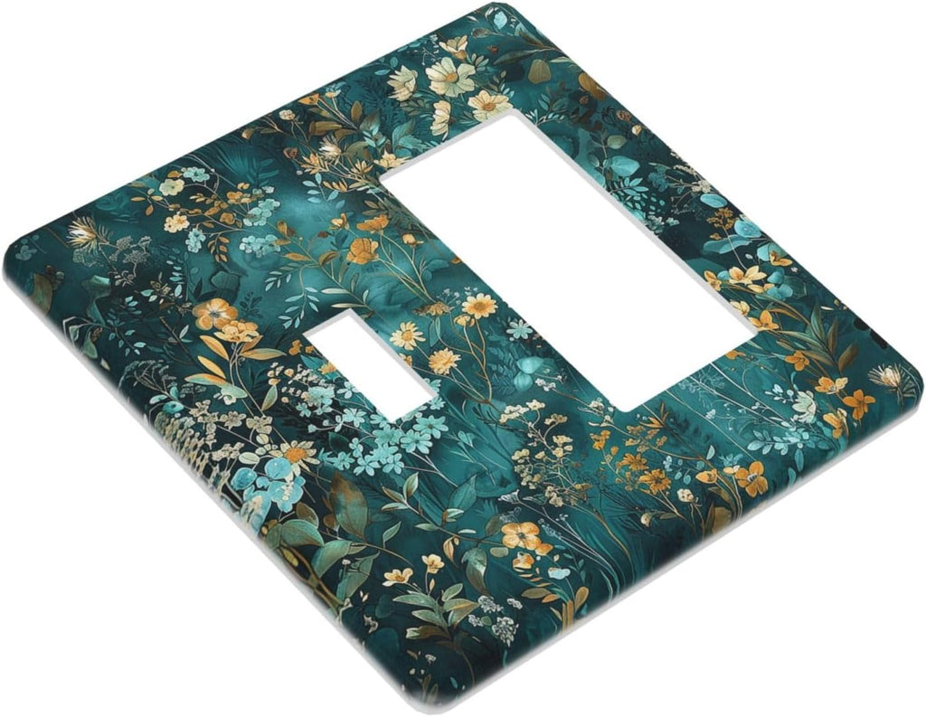 Outlet Covers Green Leaf Floral Boho Golden Flower Plant 1 Toggle 1 Rocker Combination Decorative Wall Plate Electrical Switch Plates Light Switch Cover Plate For Bed Room Cabin Decor
