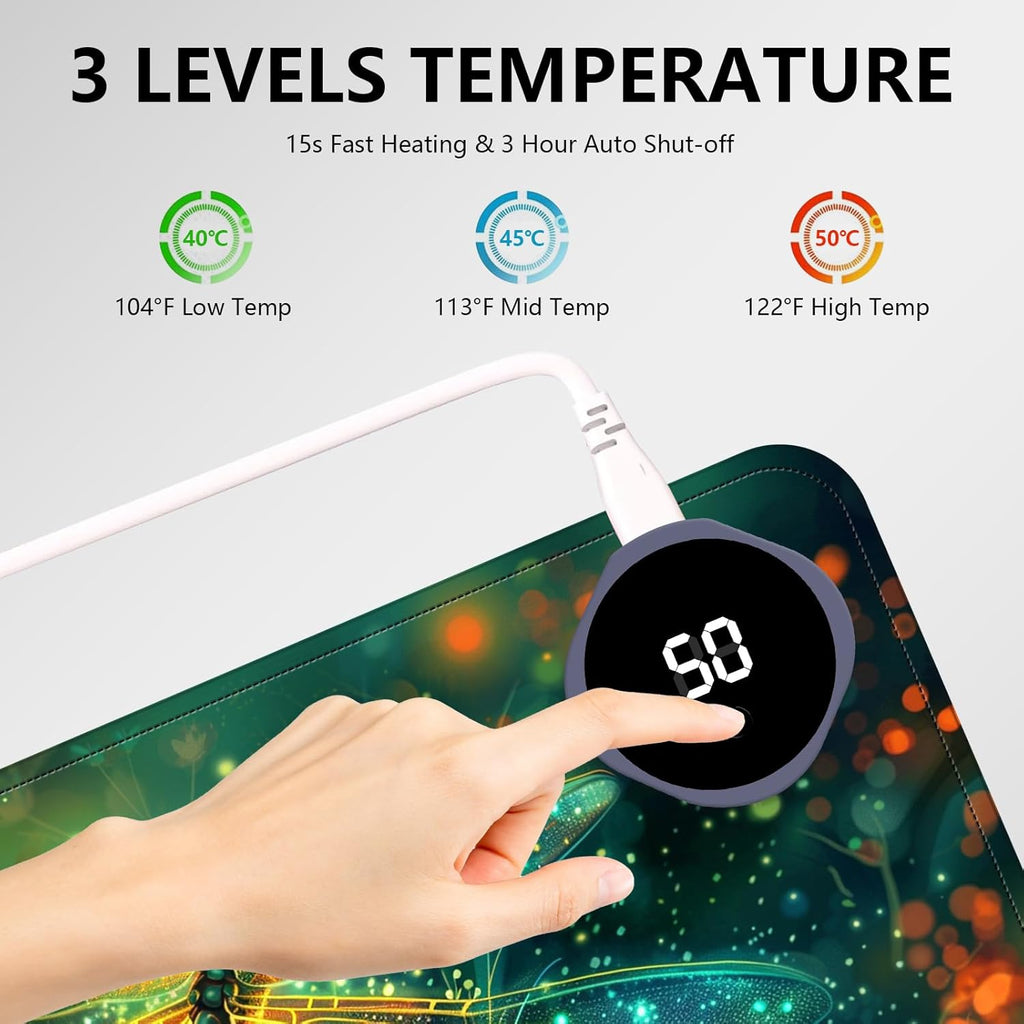 Heated Mouse Pad with 3 Levels Heated & 3 Hours Auto Shut-Off Mouse Pad for Warming Hands in Office Home, 31.5" x 13"Large Safe Desk Mat Hand Warmer，Glowing Dragonfly