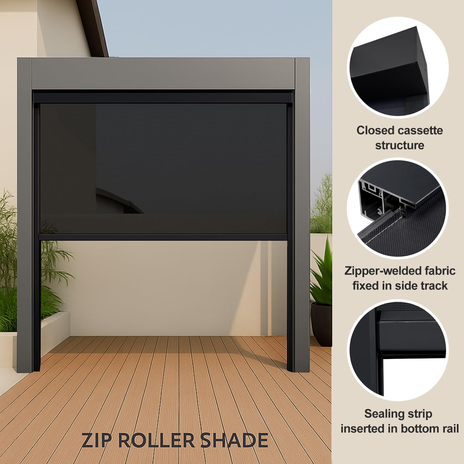 ZSHINE Hard-Wired Outdoor Snow Blocking Weatherproof Motorized Patio Roller Shades Remote Control for Porch Balcony Customized Size (Black 10% Openness)
