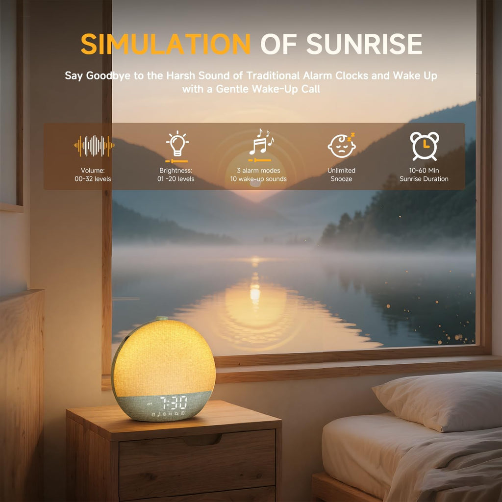 Sunrise Alarm Clock White Noise Sound Machine for Bedroom | Natural Wake-Up Light with 30 Soothing Sleep Aids, Bluetooth Speaker, Dimmable Clock, Screen-Free Design for Baby Kids-Matcha Green
