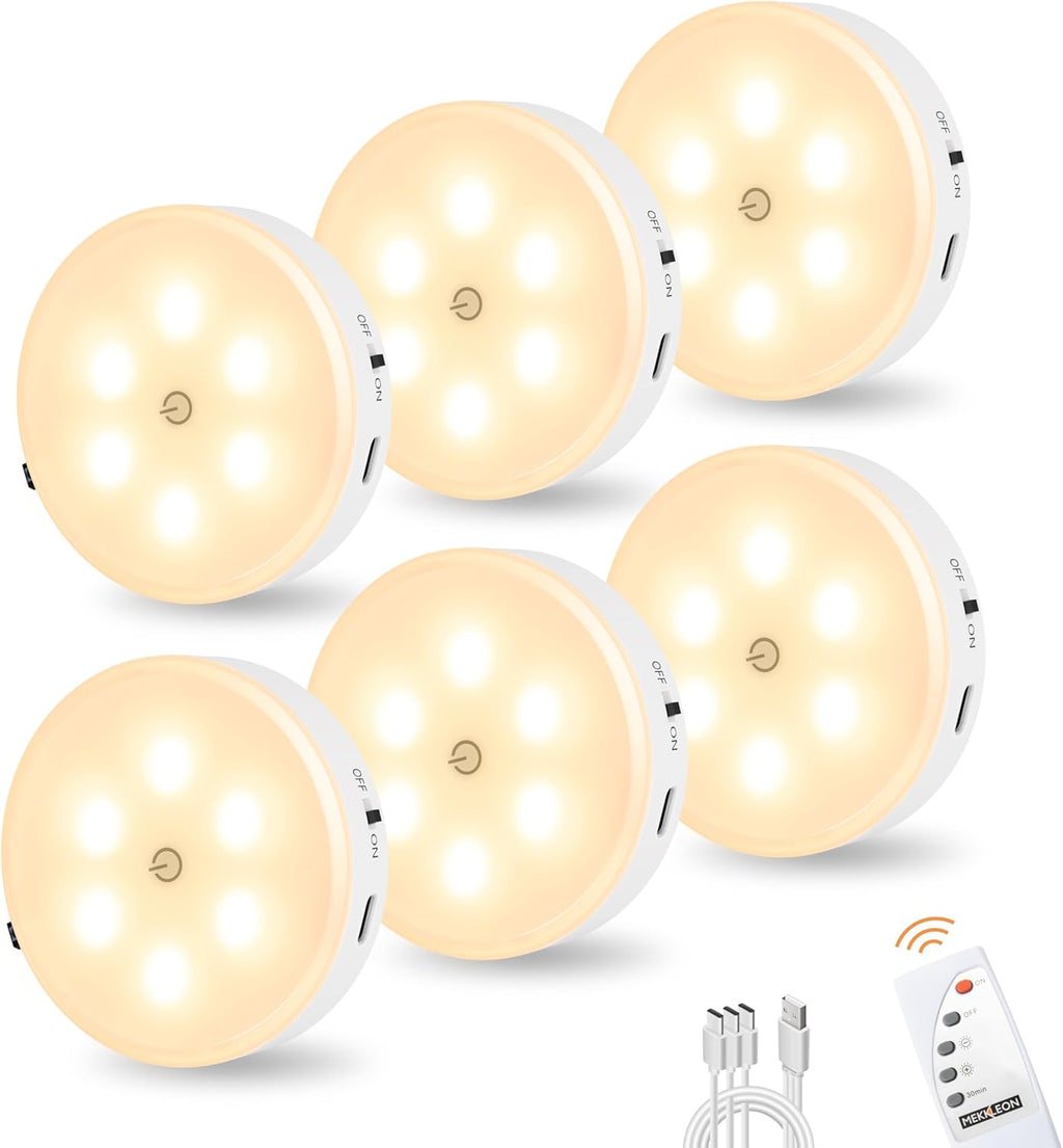Puck Lights with Remote Control, Under Cabinet Lighting with Magnetic, Cordless, 1200mAh Rechargeable Stick On Lights for Under Cabinet, Hallway, Stairway, Closet (Warm White, 6pcs)