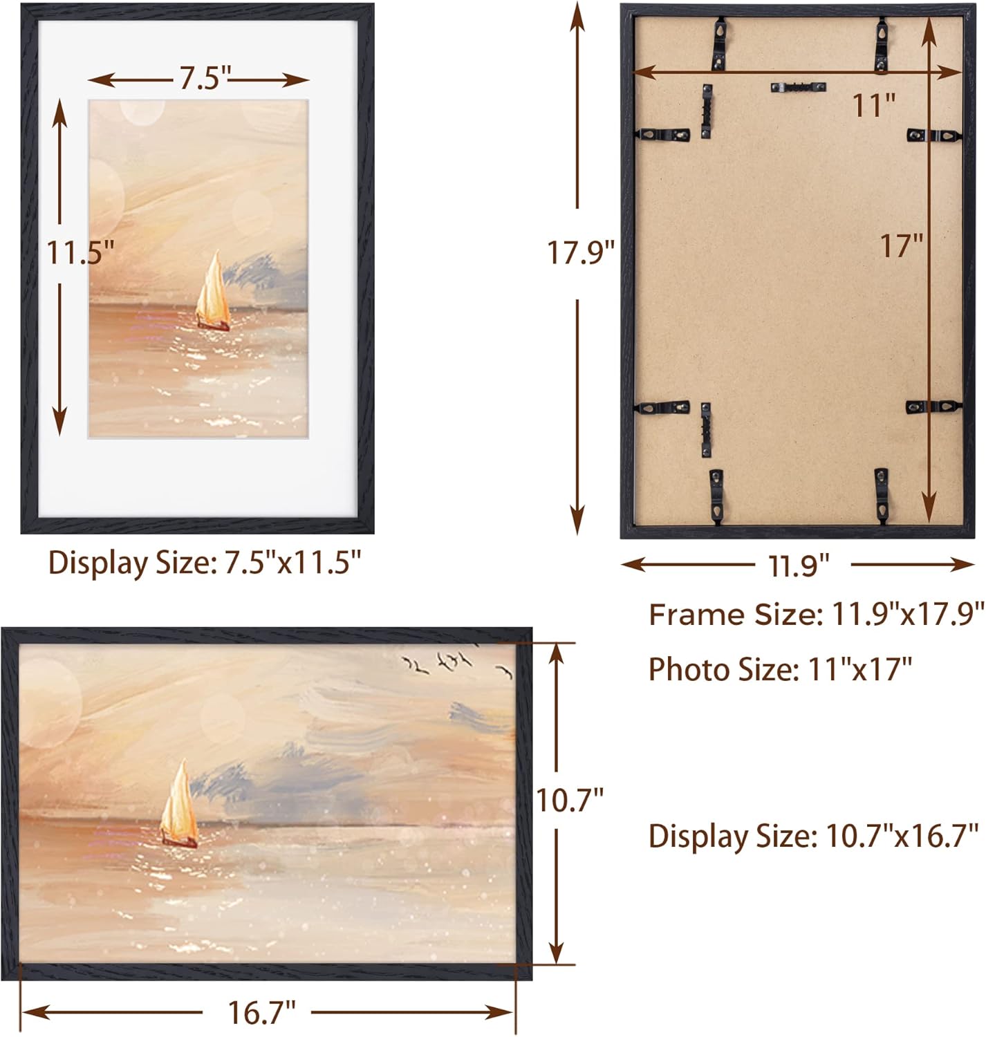 11x17 Black Picture Frames, 11 x 17 Picture Frame Set of 3, High-End Oak Wood Frame 11 by 17, 11x17 Wooden Frame with Tempered Glass, Matted to 8x12, Black Wood 11 x 17 Poster Frame for Wall