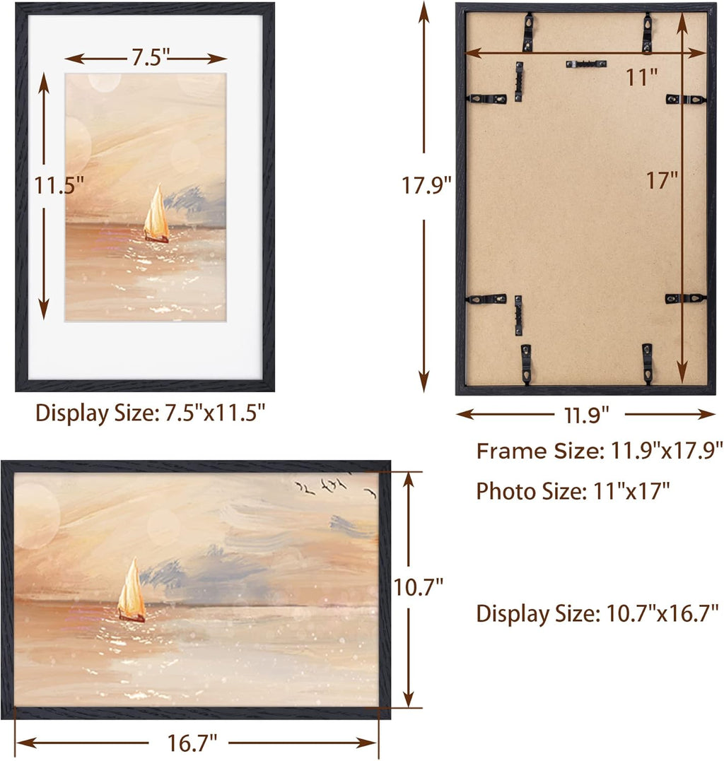Fun Memories 11x17 Oak Wood Picture Frame in Black, 11"x17" Poster Frame for Wall, Wood Photo Frame 11 x 17 with Tempered Real Glass, 11x17 Frame Matted to 8x12 - Black Color, 1 Pack