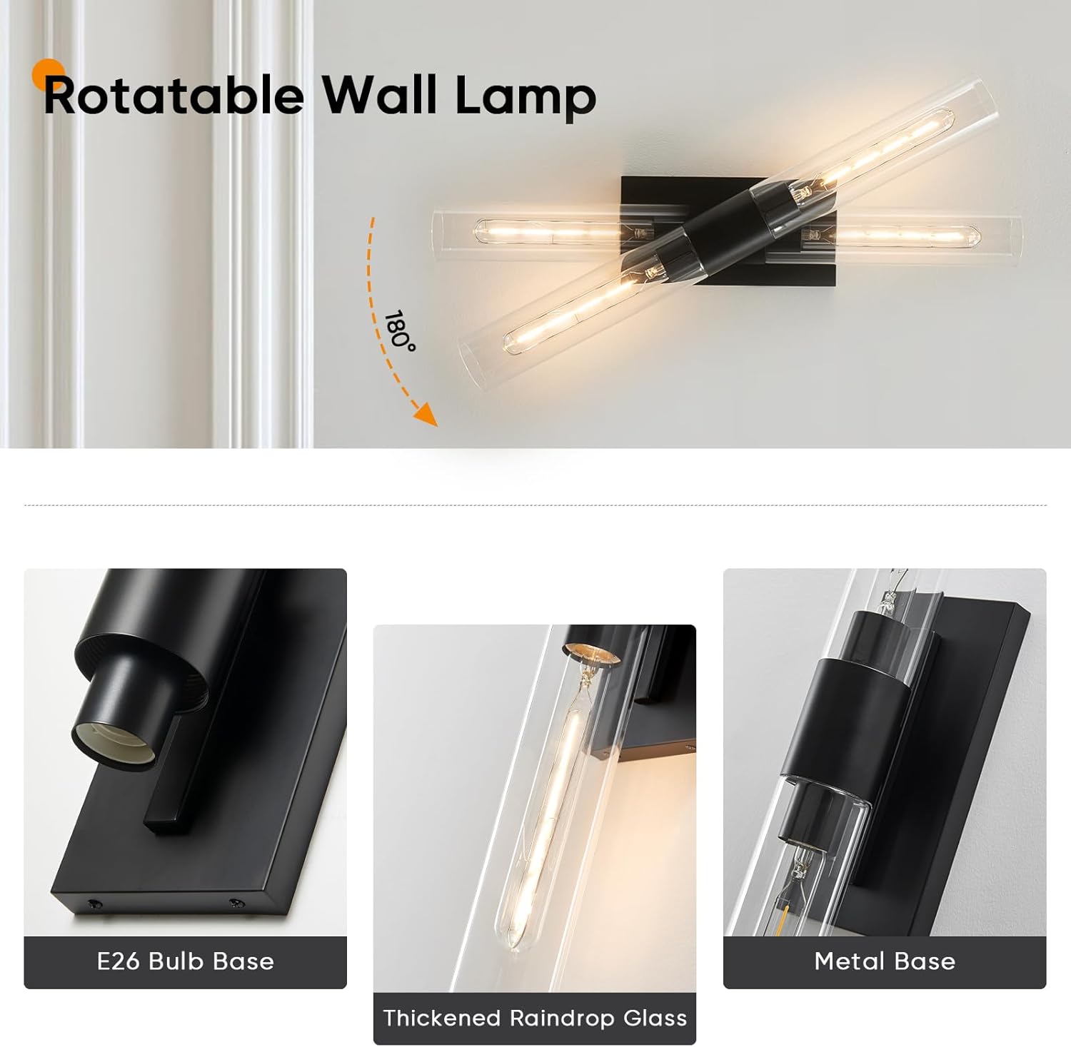 24.8" L Wall Sconces Set of 2, Black Wall Lights Fixtures Morden Cylinder Wall Light for Bathroom Vanity Light Indoor Wall Mounted Lamps for Living Room,Bedroom,Hallway