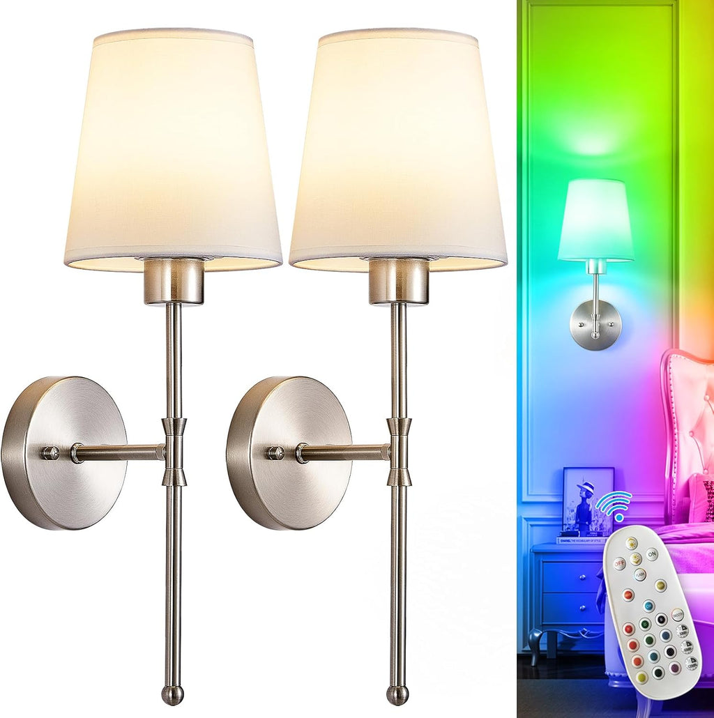 Depuley Battery Operated Wall Sconce: Set of 2 19.9 Inch Wireless Wall Lights with Remote for Bedroom - Rechargeable 15 Colors Wall Lamp for Living Room Hallway Decor - Brushed Nickel