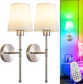 Depuley Battery Operated Wall Sconce: Set of 2 19.9 Inch Wireless Wall Lights with Remote for Bedroom - Rechargeable 15 Colors Wall Lamp for Living Room Hallway Decor - Brushed Nickel