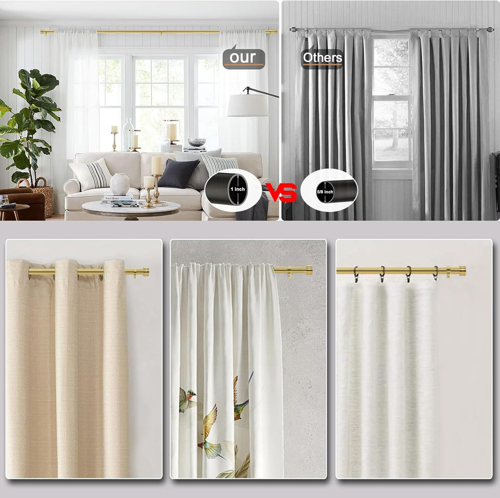 Gold Curtain Rod for Windows 18 to 144 Inches, 1 Inch Adjustable Drapery Pole, Heavy Duty Outdoor/Indoor Modern Curtain Rods, Easy Installation(Warm Gold 18"-144")