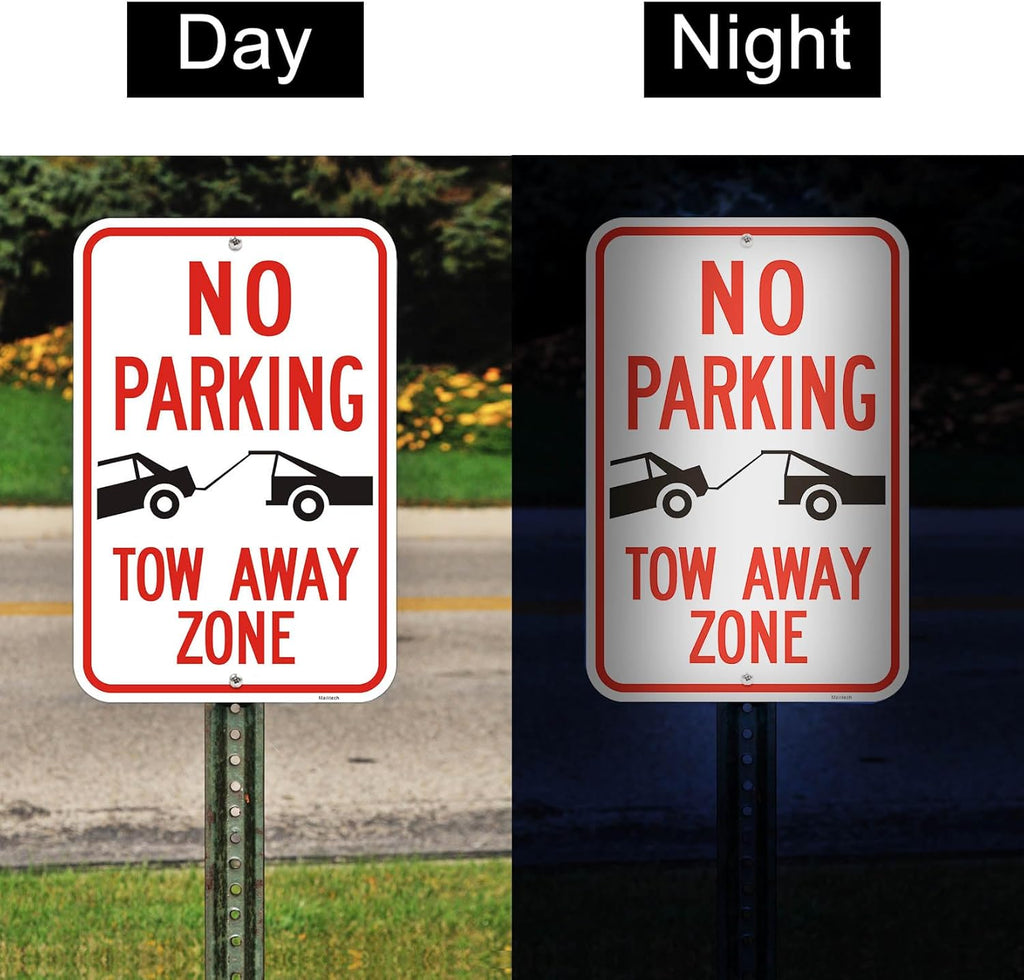 Large (4 Pack) No Parking Symbol Tow Away Zone Sign, 12x18 Inches Engineer Grade Reflective Rust Free Aluminum, 2 Pre-Drilled Holes Easy to Mount