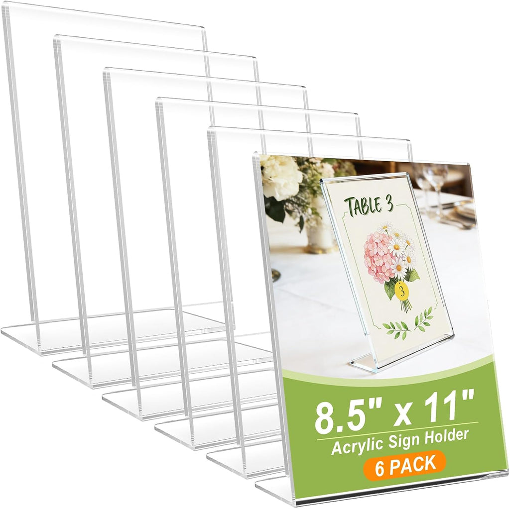 6 Pack Acrylic Sign Stand Holders, 8.5 x 11 Clear Plastic L Shape Table Paper Display Stand, Suit for Displaying Posters, Picture, Flyers, Menu