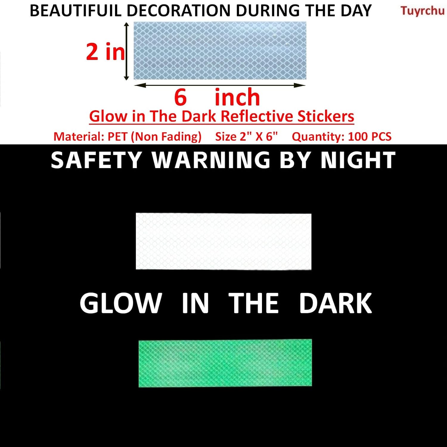 Glow in The Dark Reflective Stickers 2 inch X 6 inch for Car, High Visibility Warning Safety Reflective Strips (100 Pcs)