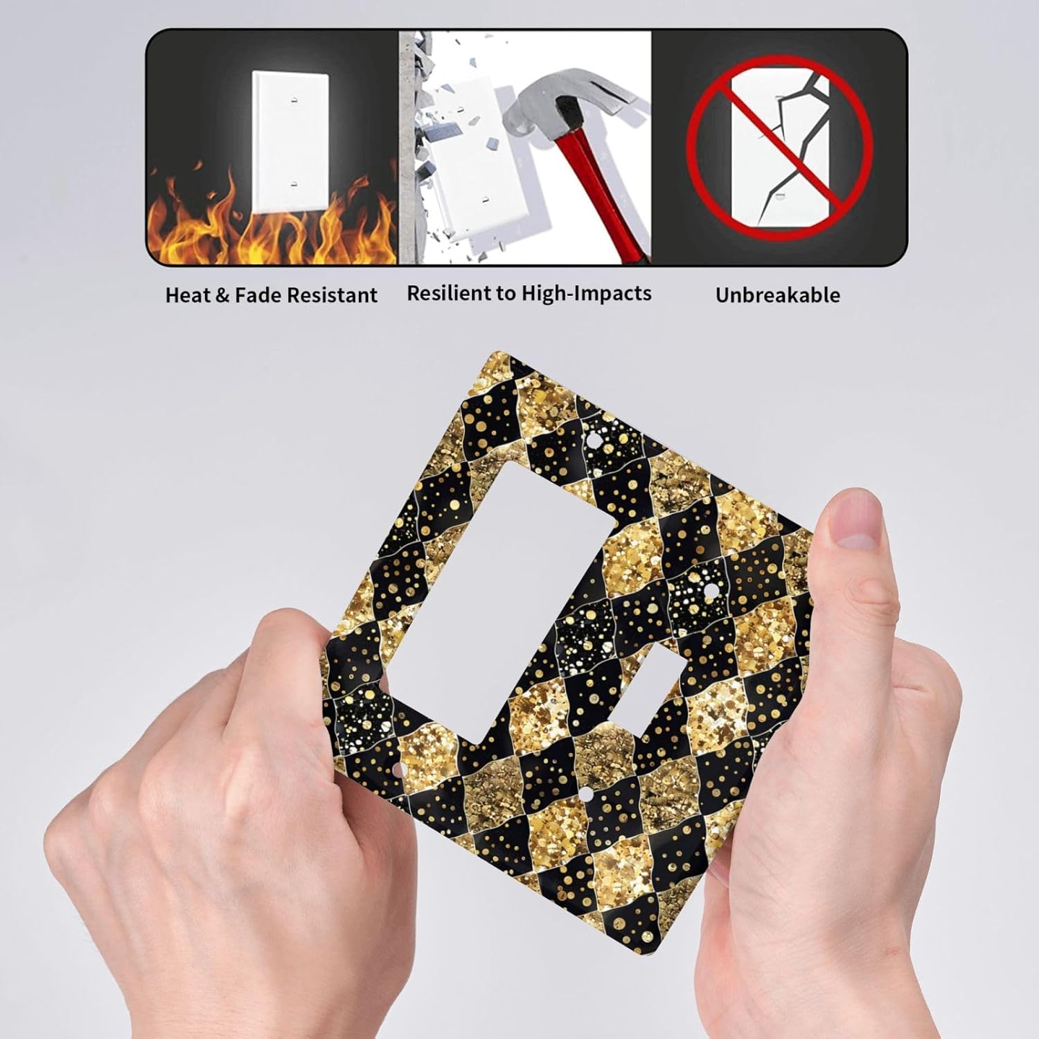 Gold Black Marble Geometric Plaid Glitter Outlet Covers 1 Toggle 1 Rocker Combination Light Switch Cover Plate Decorative Wall Plate Electrical Switch Plates for Bedroom Bathroom Decor