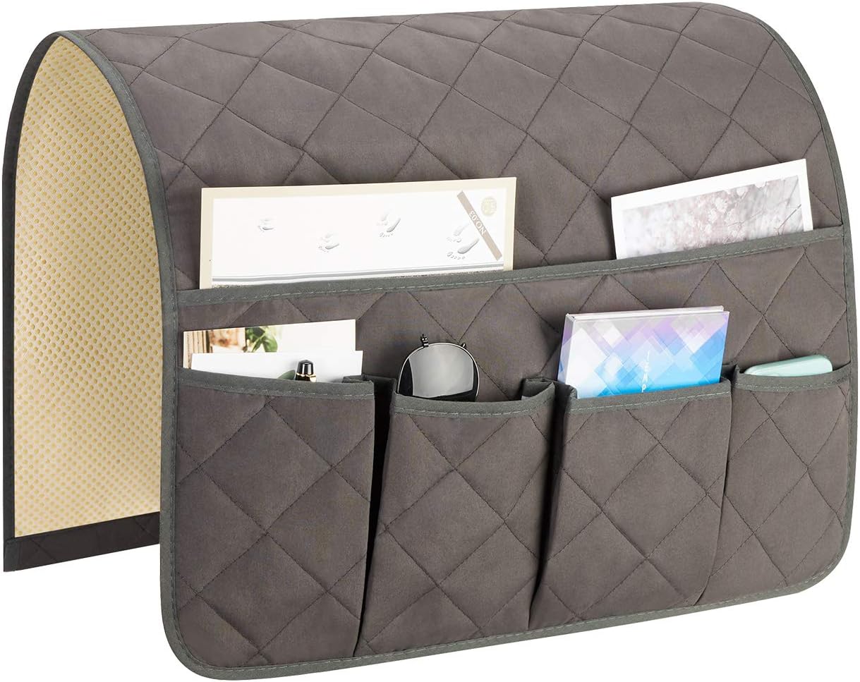 Teniux Remote Control Holder Non-Slip Couch Sofa Chair Armrest Organizer with 5 Pockets Armchair Caddy for Smart Phone, Book, Magazines, Ipad (Widened-Dark Grey (19''))