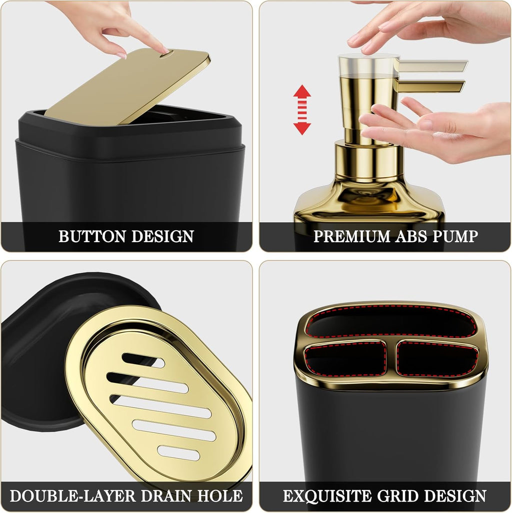 Bathroom Sets with Shower Curtain and Rugs, 27PC Bathroom Accessory Set, Black Bathroom Set, Black and Gold Bathroom Accessories Set with Trash Can, Toilet Brush and Soap Dispensers