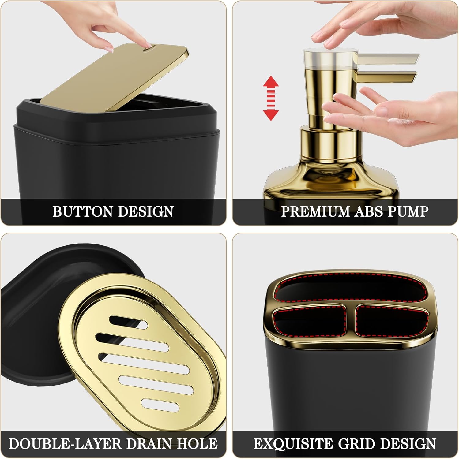 Bathroom Sets with Shower Curtain and Rugs, 27PC Bathroom Accessory Set, Black Bathroom Set, Black and Gold Bathroom Accessories Set with Trash Can, Toilet Brush and Soap Dispensers