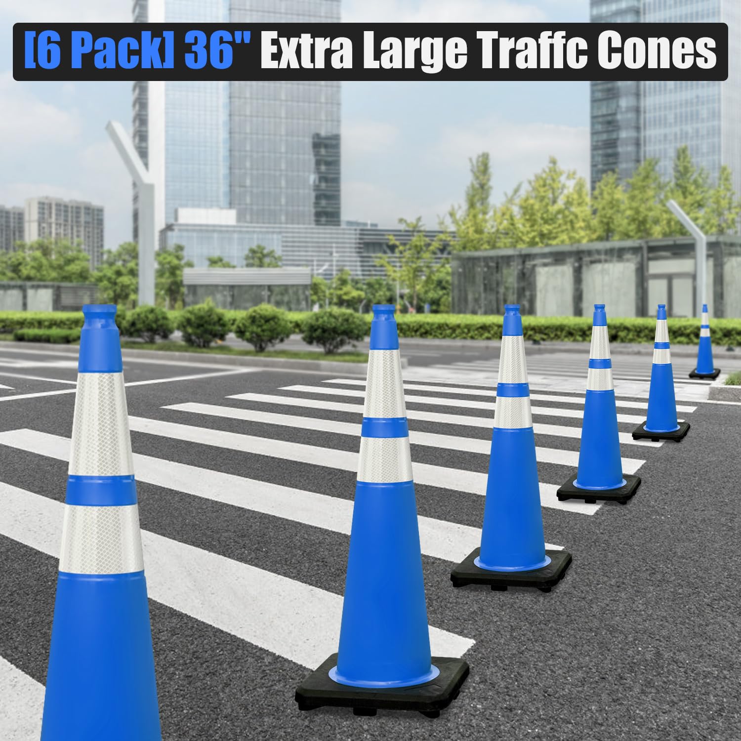 6 Pack 36" Large-Sized PVC Traffic Cones with Heavy-Duty Black Base, Garage Parking Lot Cones Structurally Stable Weatherproof Road Construction Safety Cones (6, Blue, 36" Extra Large)