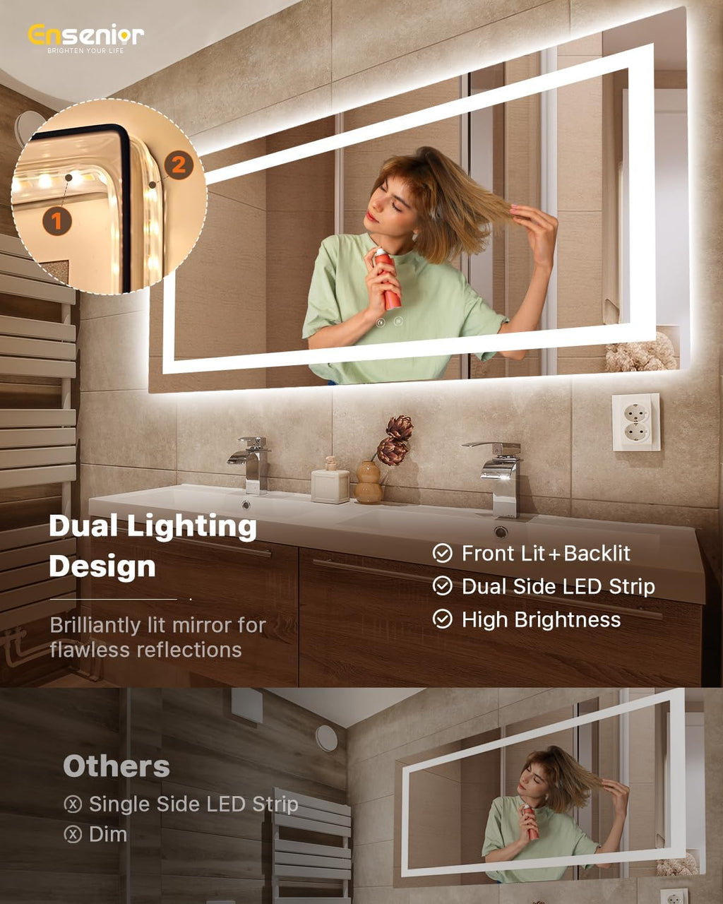 Ensenior LED Bathroom Mirror 72"x36" with Front and Backlight, Stepless Dimmable Wall Mirrors with Anti-Fog, Shatter-Proof, Memory, 3 Colors, Modern LED Vanity Mirror-ETL & FCC