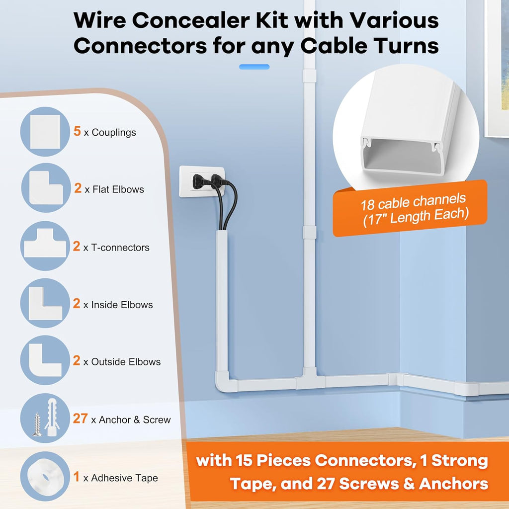 306in Cord Hider Kit, Cord Covers for Wires on Wall, Paintable Wire Cover for Cords, Cable Hider for Wall Mounted TV, White Cord Concealer, Cable Raceway Wire Management, 18x L17in x W0.95in x H0.55in