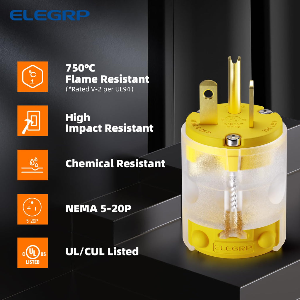 ELEGRP Lighted 20 Amp 125 Volt NEMA 5-20P 2 Pole 3 Wire Grounding Straight Blade Electrical Plug Replacement Cord Outlet Commercial Grade, Yellow, 2 Pack