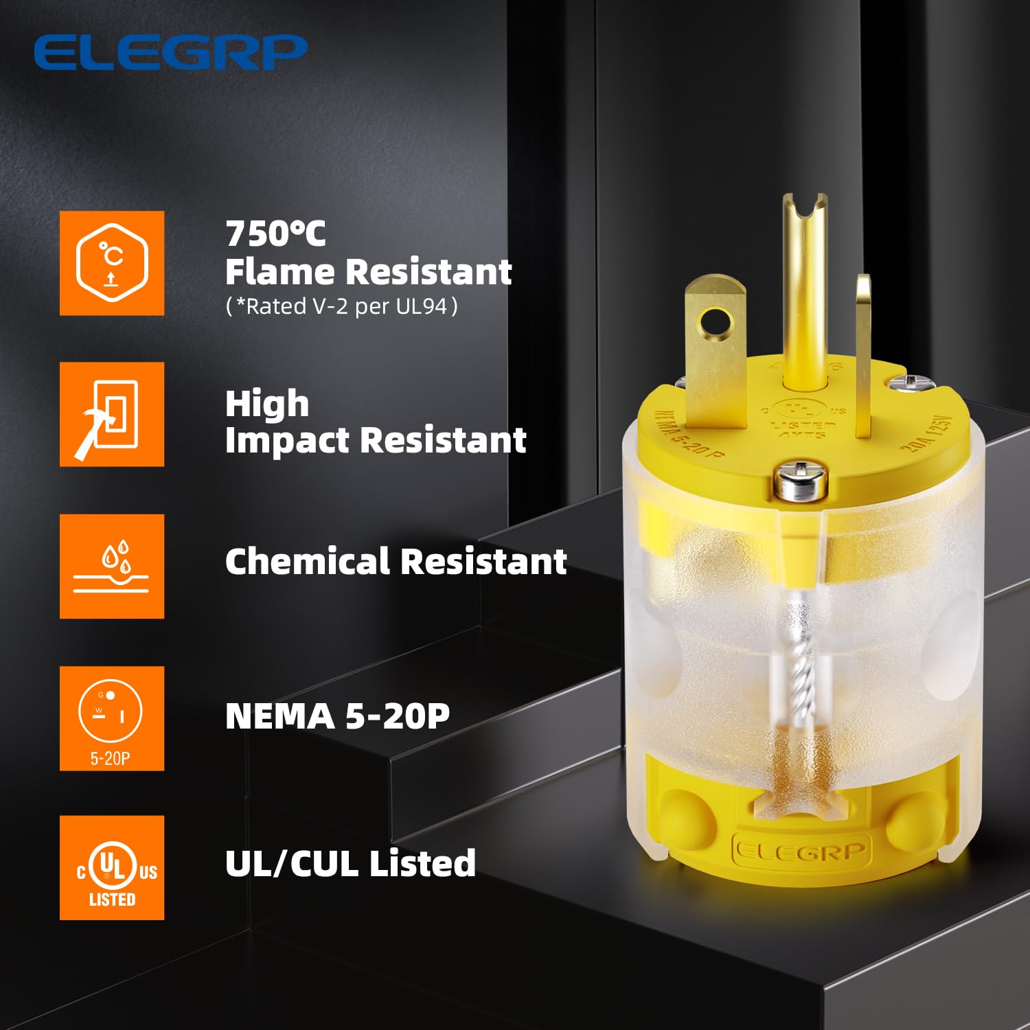 ELEGRP Lighted 20 Amp 125 Volt NEMA 5-20P 2 Pole 3 Wire Grounding Straight Blade Electrical Plug Replacement Cord Outlet Commercial Grade, Yellow, 2 Pack