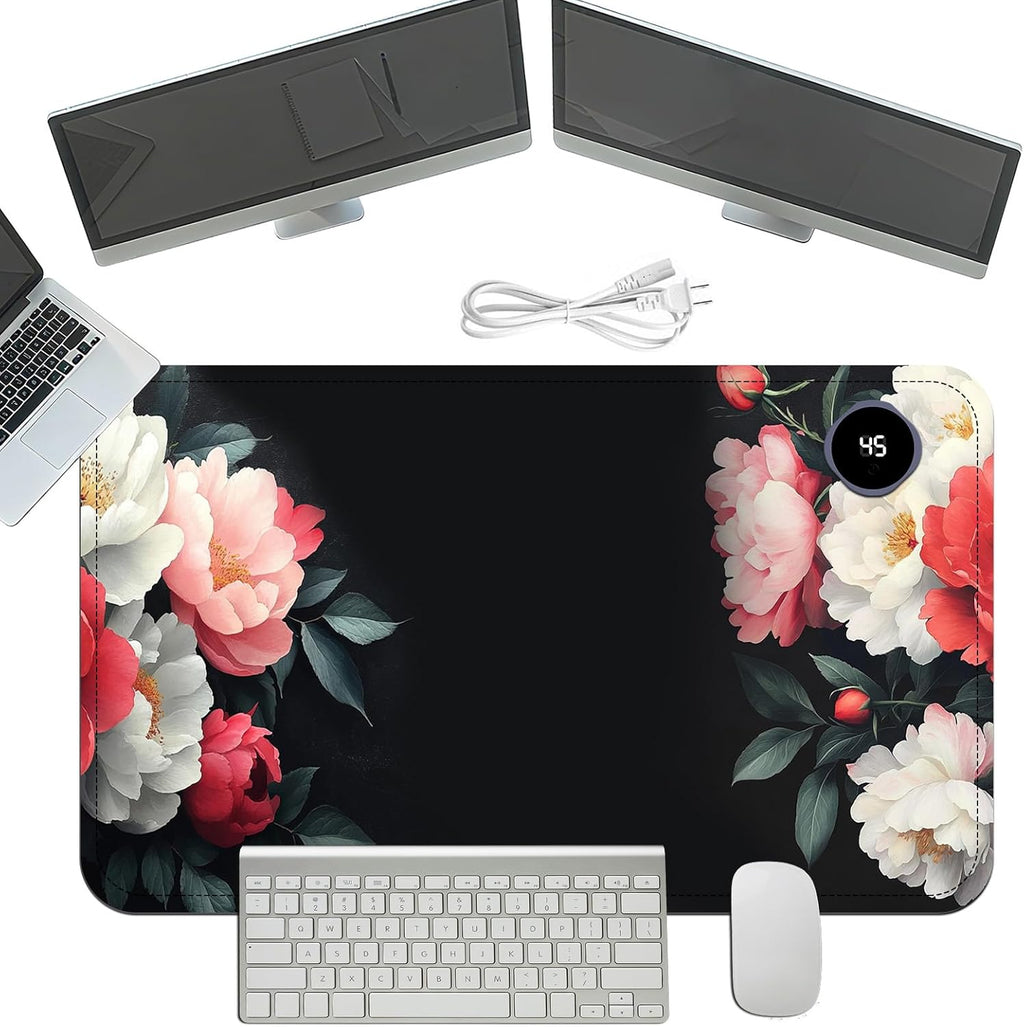Heated Mouse Pad with 3 Temperature Settings(104°F–122°F),Large 24x14.2 Inch PU Leather Heated Desk Mat,Waterproof Warming Pad for Office,Gaming & Cold Hands Relief,Vintage Flowers