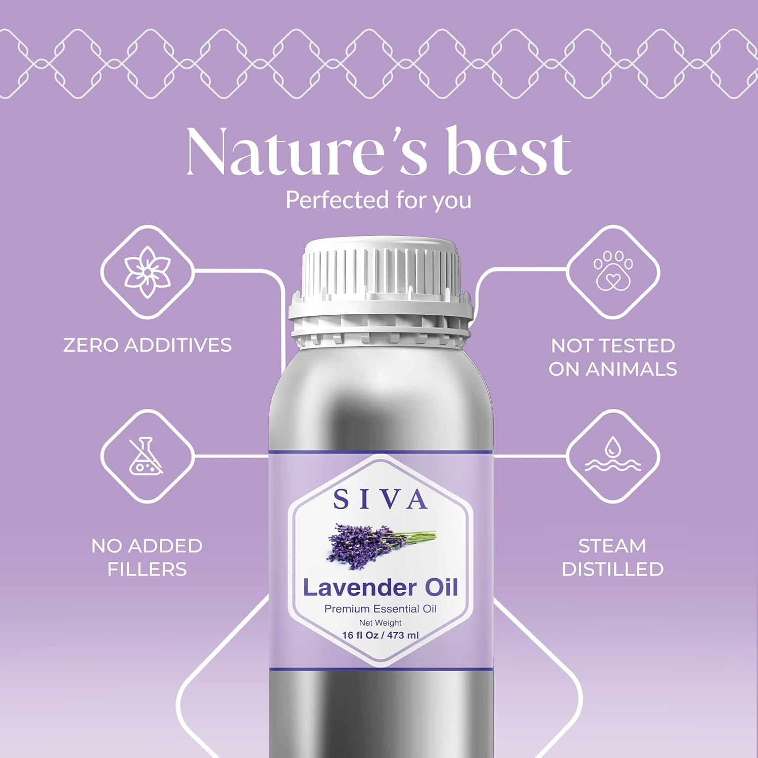 Siva Lavender Essential Oil – 16 Fl Oz – 100% Natural Lavender Oil - for Diffuser, Hair Care, Face, Skin Care, Aromatherapy, Scalp and Body Massage, Soap and Candle Making