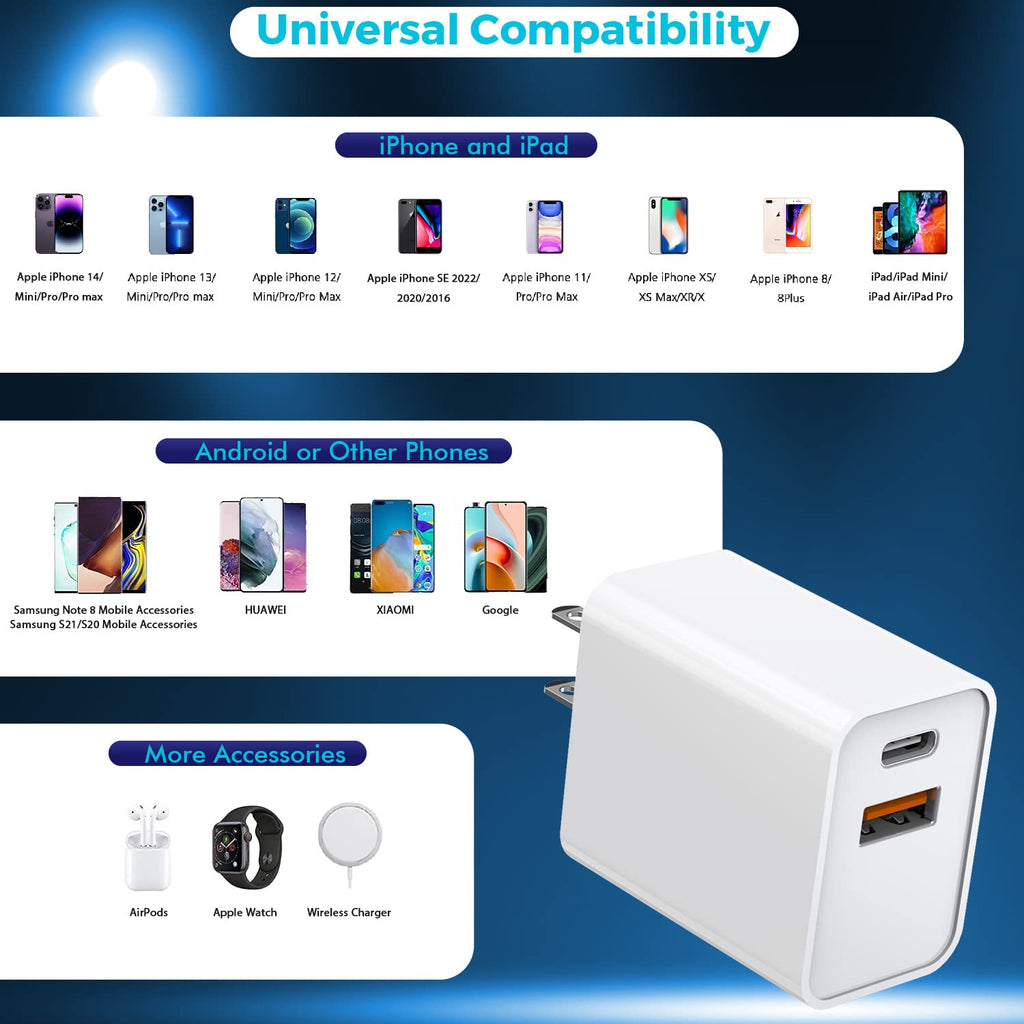 iPhone 17/16 Charger Block, 2Pack 20W Dual Port PD Fast USB C Wall Charger Adapter + USB A Quick Charging Brick Plug Compatible with iPhone Air/17/16/15/14/13/12/11/Pro Max/Plus/XS/XR/X,iPad,AirPods