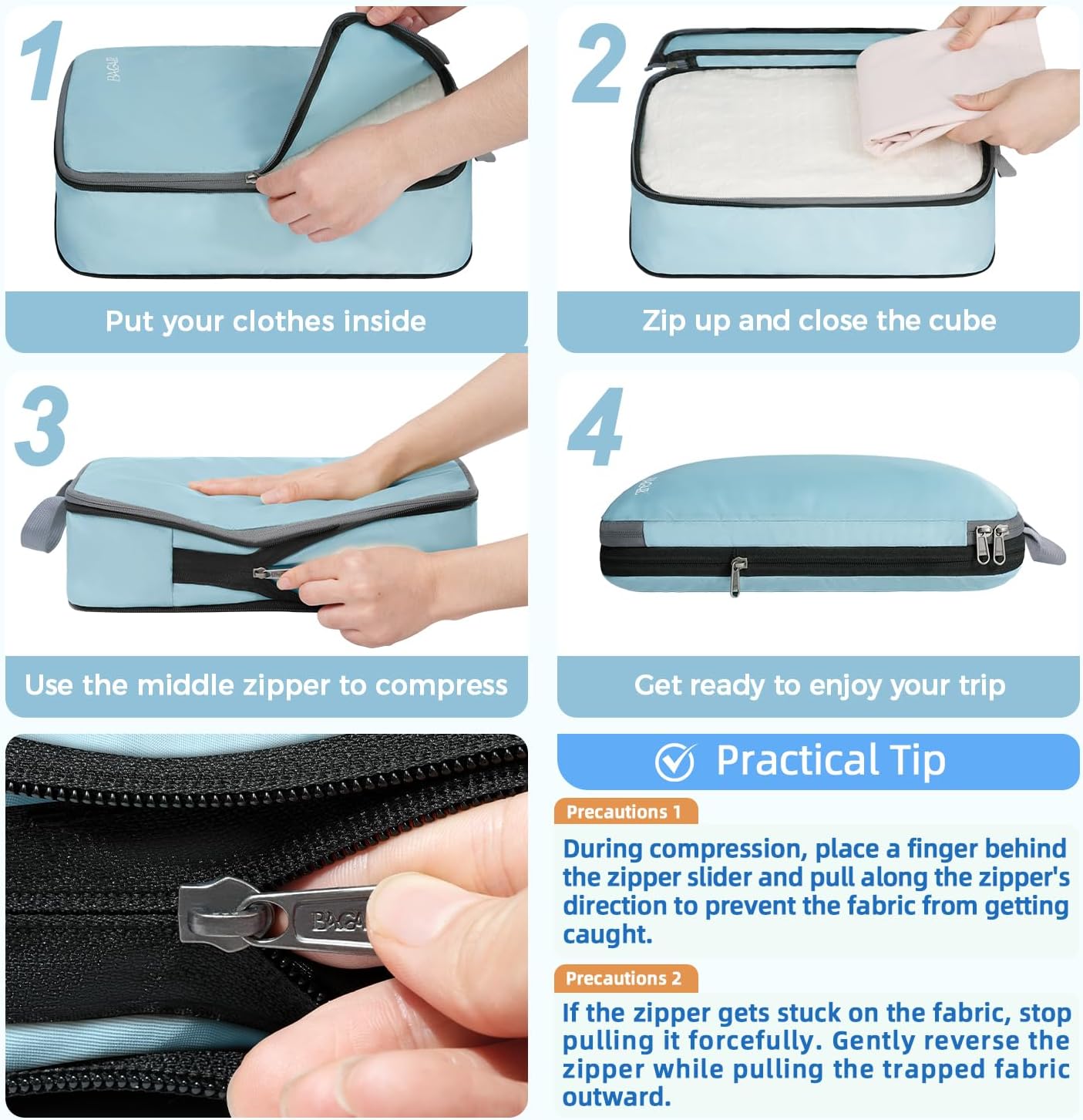 BAGAIL 4 Set/6 Set/8 Set Compression Packing Cubes Travel Accessories Expandable Packing Organizers (Cloth Pattern, 4-Dusty Blue)