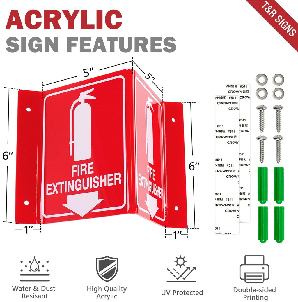 T&R Fire Extinguisher Sign, Fire Extinguisher with Down Arrow - 4 Pack - 8 x 6 Inches Acrylic, 4 pre-drilled holes, Includes Matching Screws, Use for Home Office/Business