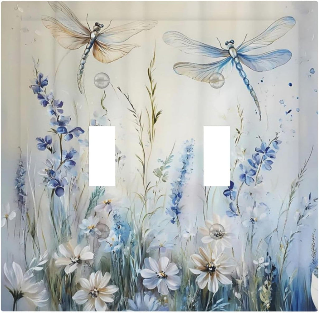 Decorative Light Switch Cover Plate Watercolor Dragonfly Blue Wihte Flower 2 Gang Outlet Covers Double Toggle Wall Plates for Electrical Outlets Switch Plate Covers Faceplate for Home Decor