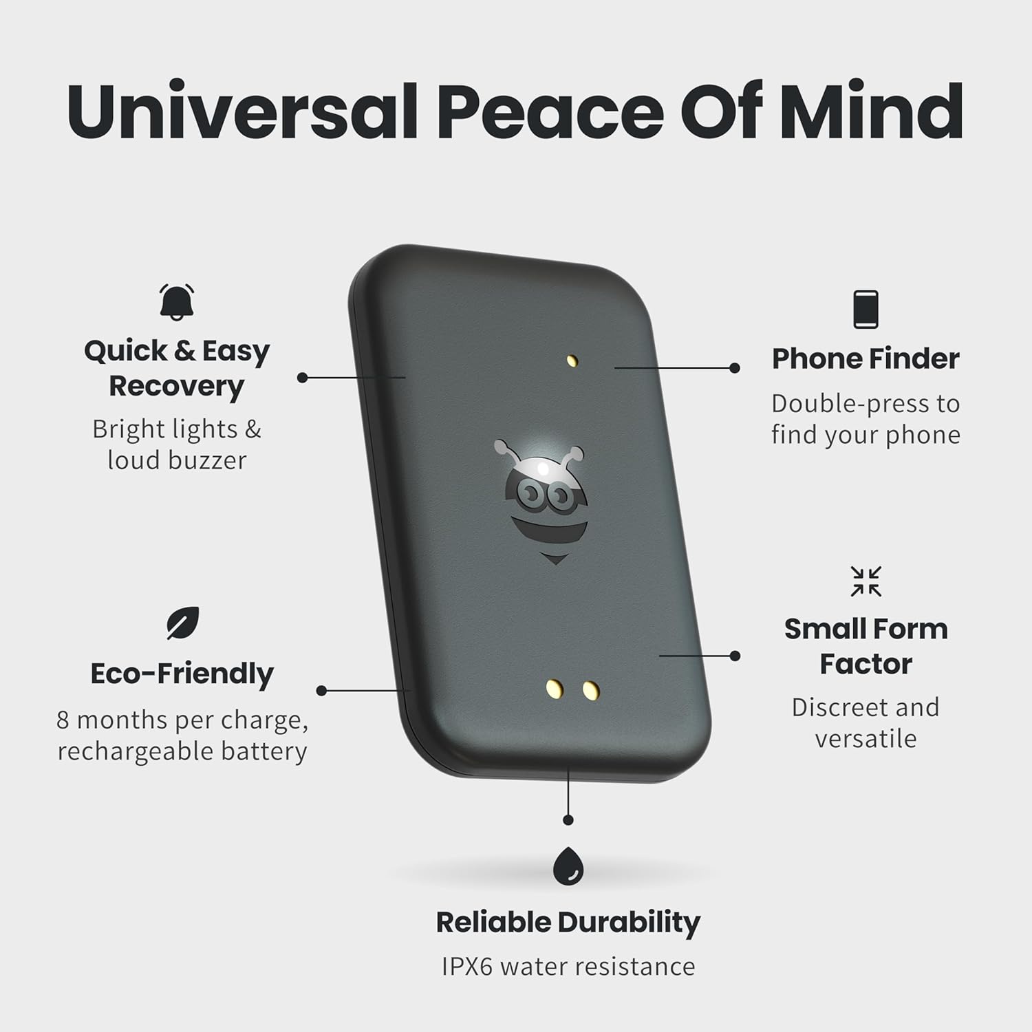 Pebblebee Tag Universal - Rechargeable Mini Item Tracker | Alternative to Air Tag & Android | 8-Month Battery Life | Works with Both Android & iOS Find My App | LED & Sound Alerts
