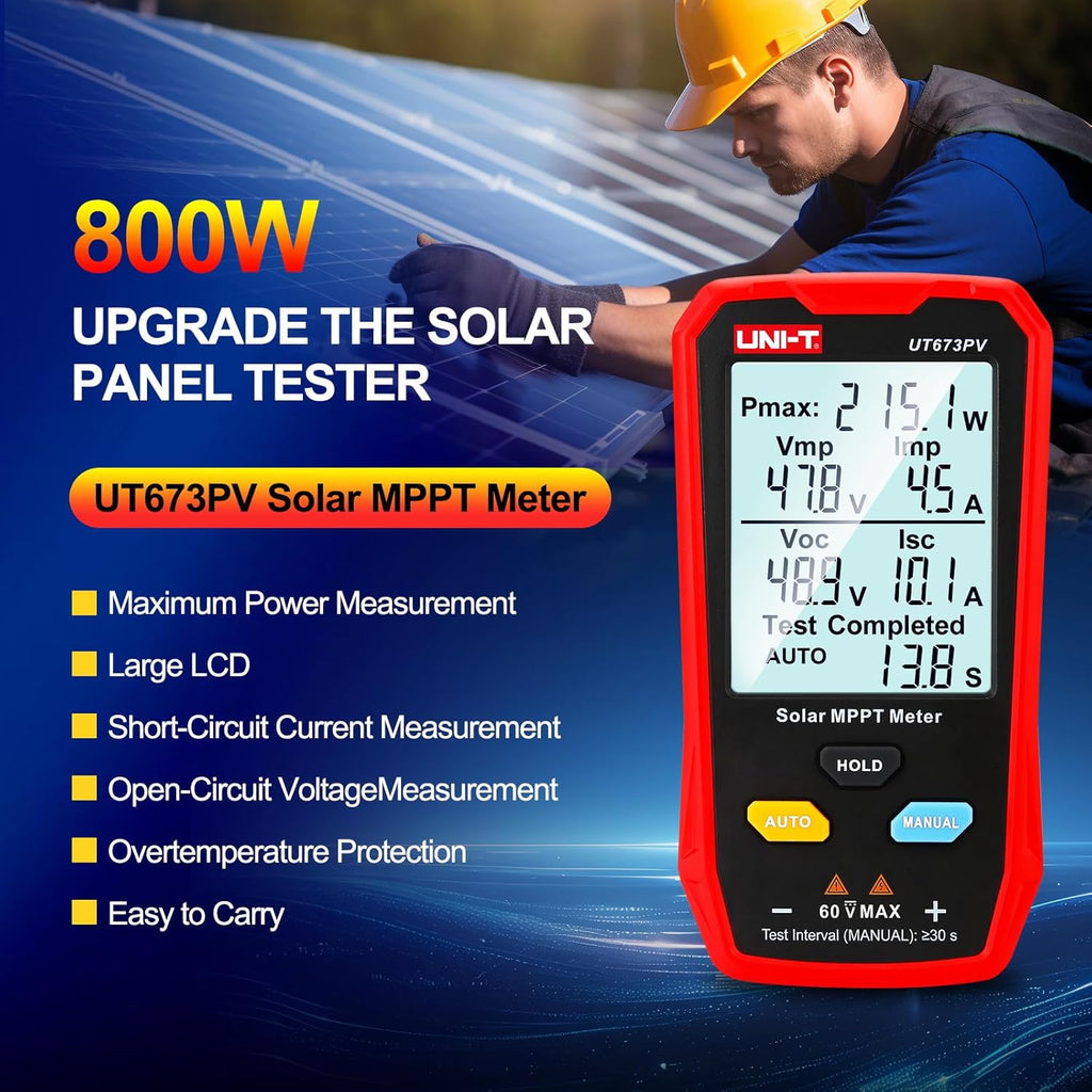 UNI-T UT673PV Solar Panel Tester, Solar MPPT Meter, 800W Photovoltaic Module Maximum Power Tester, Intelligent Manual/Auto MPPT Test, Large LCD and Multiple Result Displays