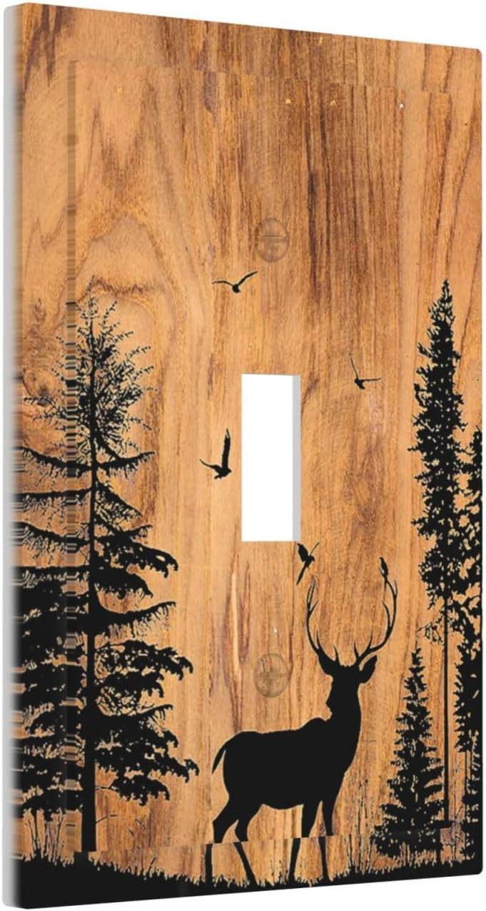 Decorative Light Switch Cover Rustic Farmhouse Orange Brown Pine Tree Deer Wood Grain 1 Gang Single Toggle Device Electrical Faceplate Switchplates Decorator Outlet Wall Plate for Bedroom