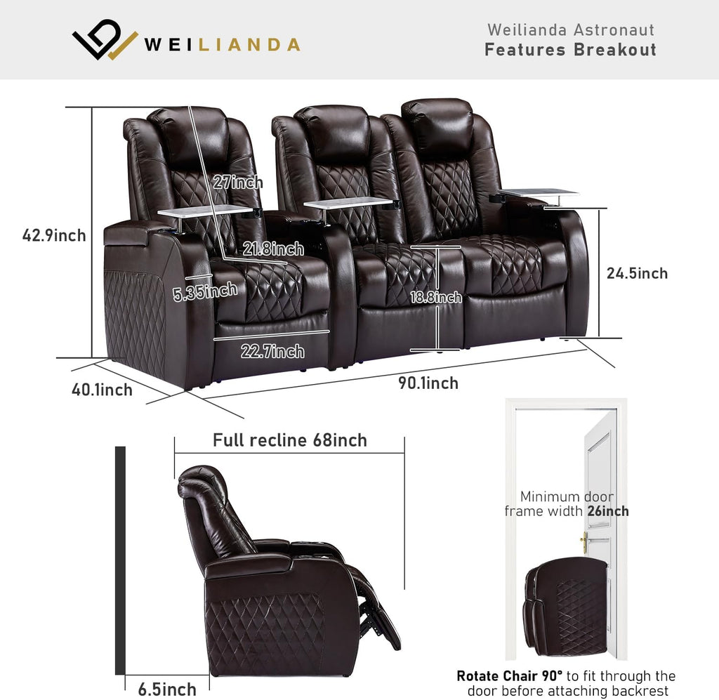 Weilianda Home Theater Seating Top Grain Leather Zero Gravity Recliner Chair Power Headrest Recline Movie Seat Gaming 7 Colors Mood Light Sofa with Tray Table USB Charge Row of 3 Loveseat Right Brown