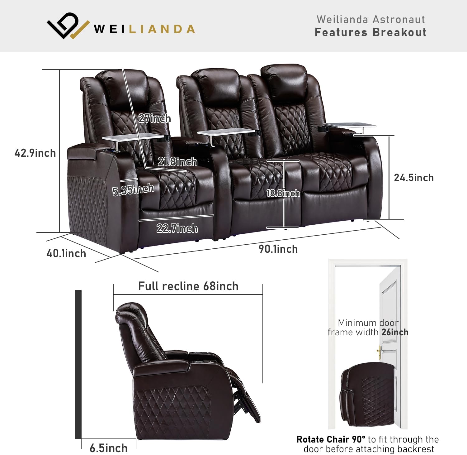 Weilianda Home Theater Seating Top Grain Leather Zero Gravity Recliner Chair Power Headrest Recline Movie Seat Gaming 7 Colors Mood Light Sofa with Tray Table USB Charge Row of 3 Loveseat Right Brown