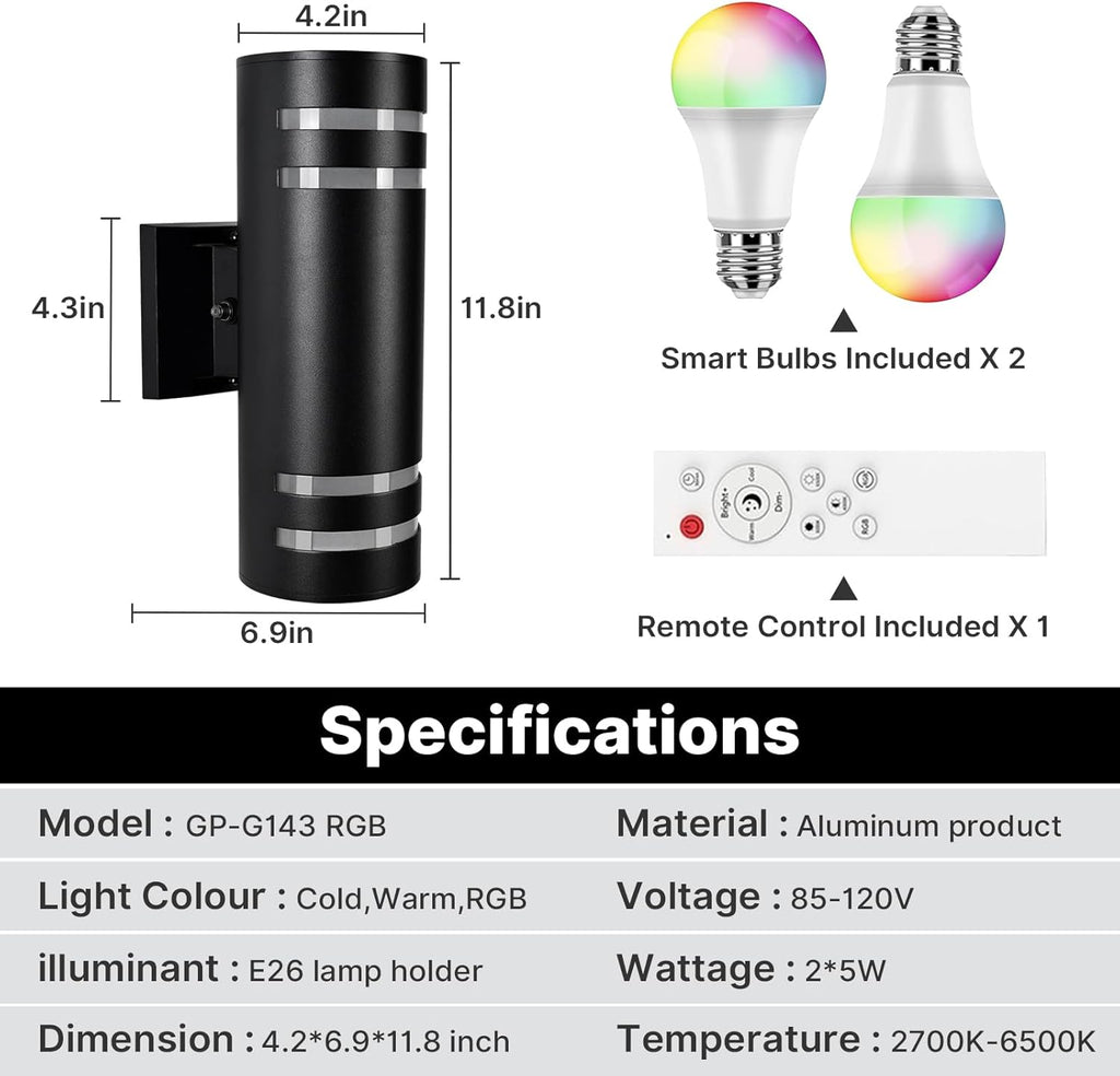 RGB Up and Down Lights Outdoor Wall Lights 4 Packs, Smart Color Changing Outdoor Wall Sconce WiFi Voice & App Control,Aluminum Waterproof Exterior Lights for Porch Compatible with Alexa
