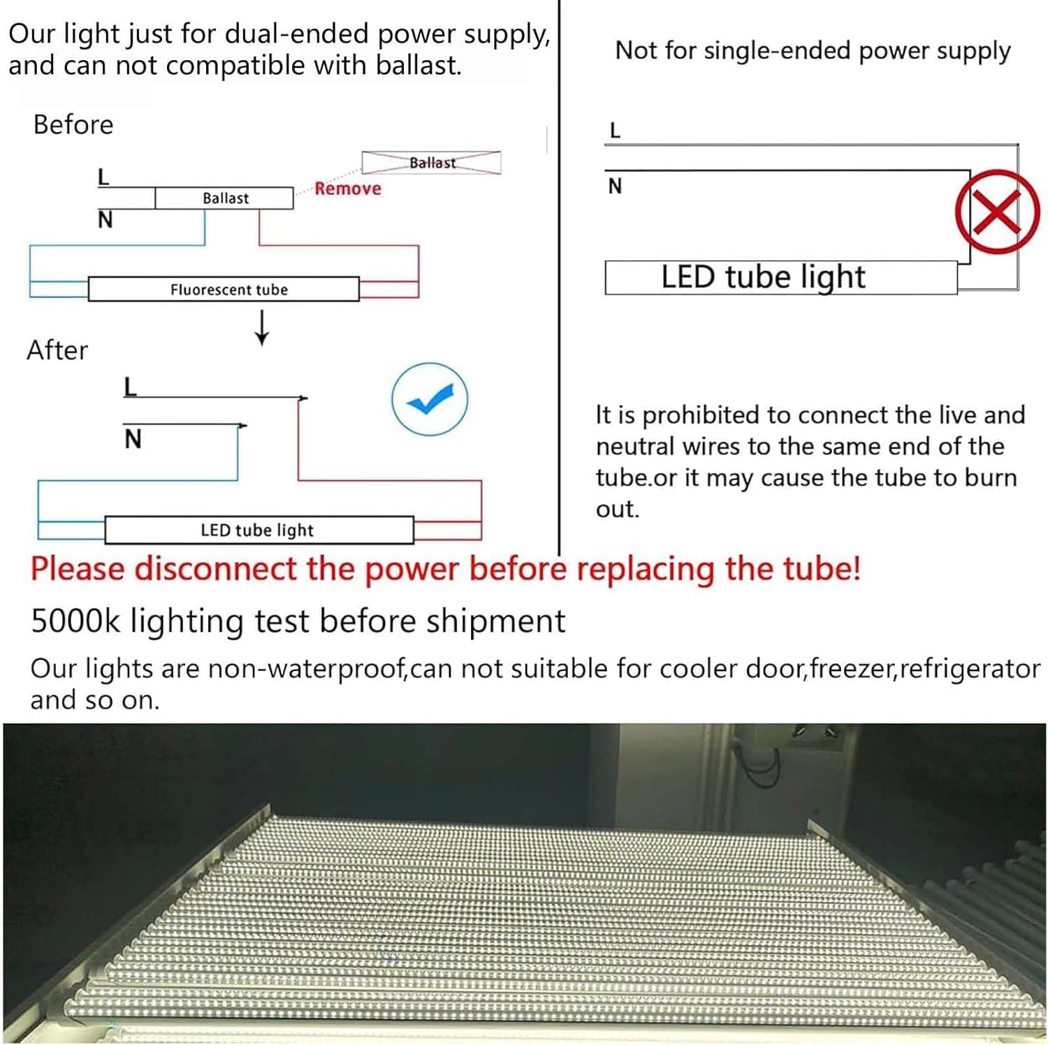 T8 LED Tube Lights 4ft,f40t12 Fluorescent Bulb Replacement,36W 3600lm,Daylight White 5000K,G13 4ft LED Bulbs,T12 Fluorescent Light Bulbs 48inch,Dual-Ended Power,Ballast Bypass,Pack of 10