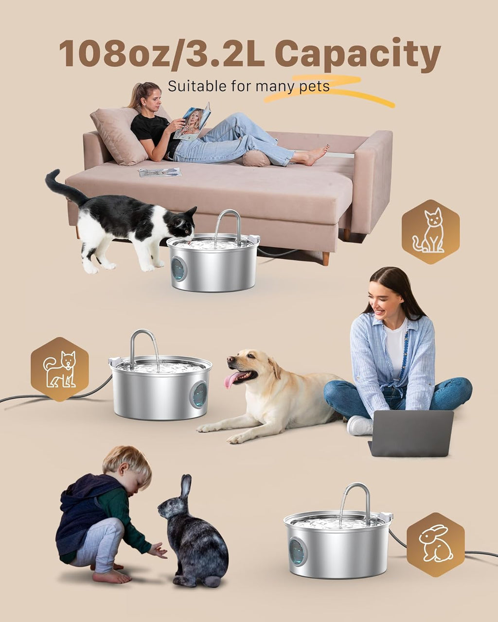 Stainless Steel Pet Water Fountain: 108oz/3.2L Cat Fountains with Led Light - Metal Bowl