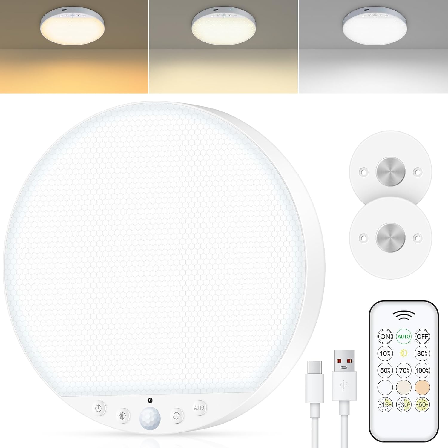 Rechargeable 6W Motion Sensor Ceiling Light Indoor, No Wiring & Magnetic Stick-On, Remote Control for Color & Brightness, Battery Operated Light for Shower, Closet, Bathroom, Pantry, Hallway, 1-Pack