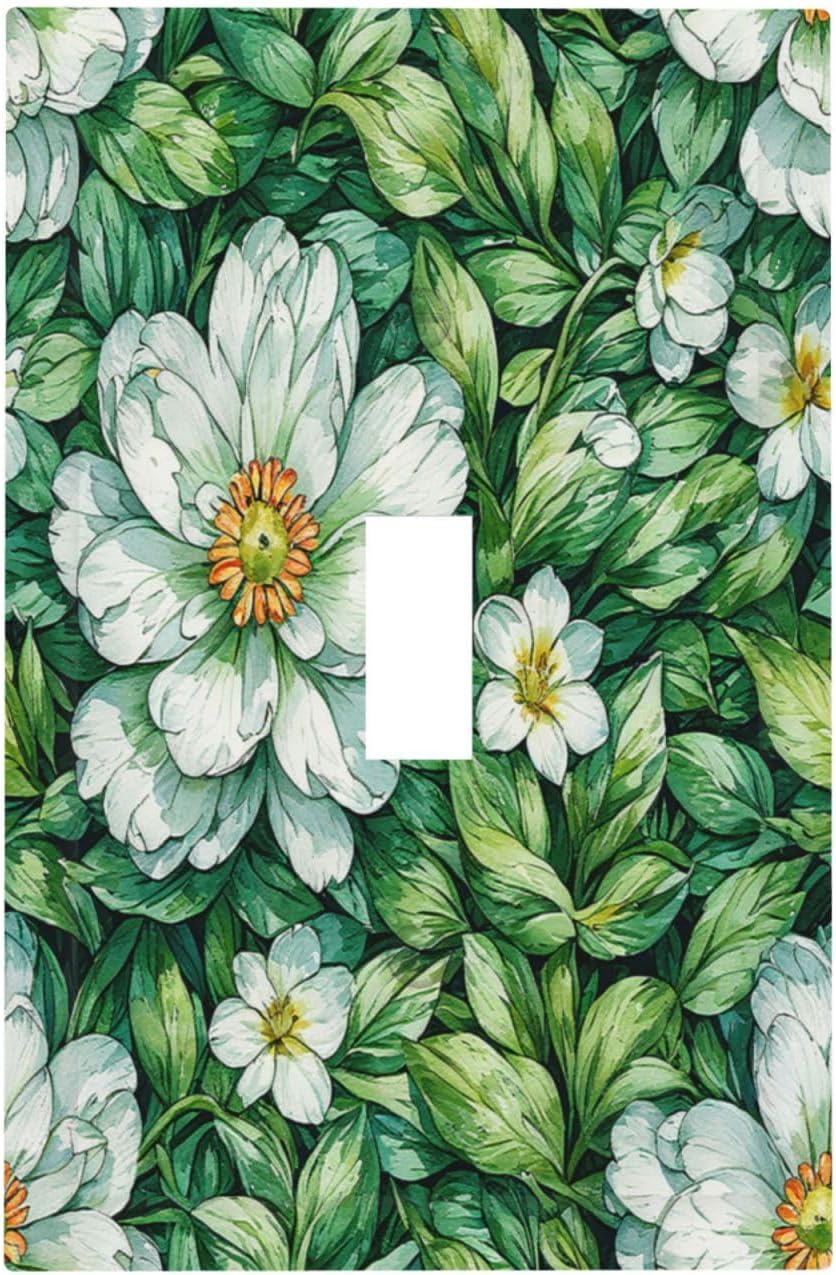 Vintage Floral White Flowers Green Plants Leaves Decorative Light Switch Cover 1 Gang Single Toggle Decorator Outlet Wall Plate Device Electrical Faceplate Switchplates for Bedroom Bathroom