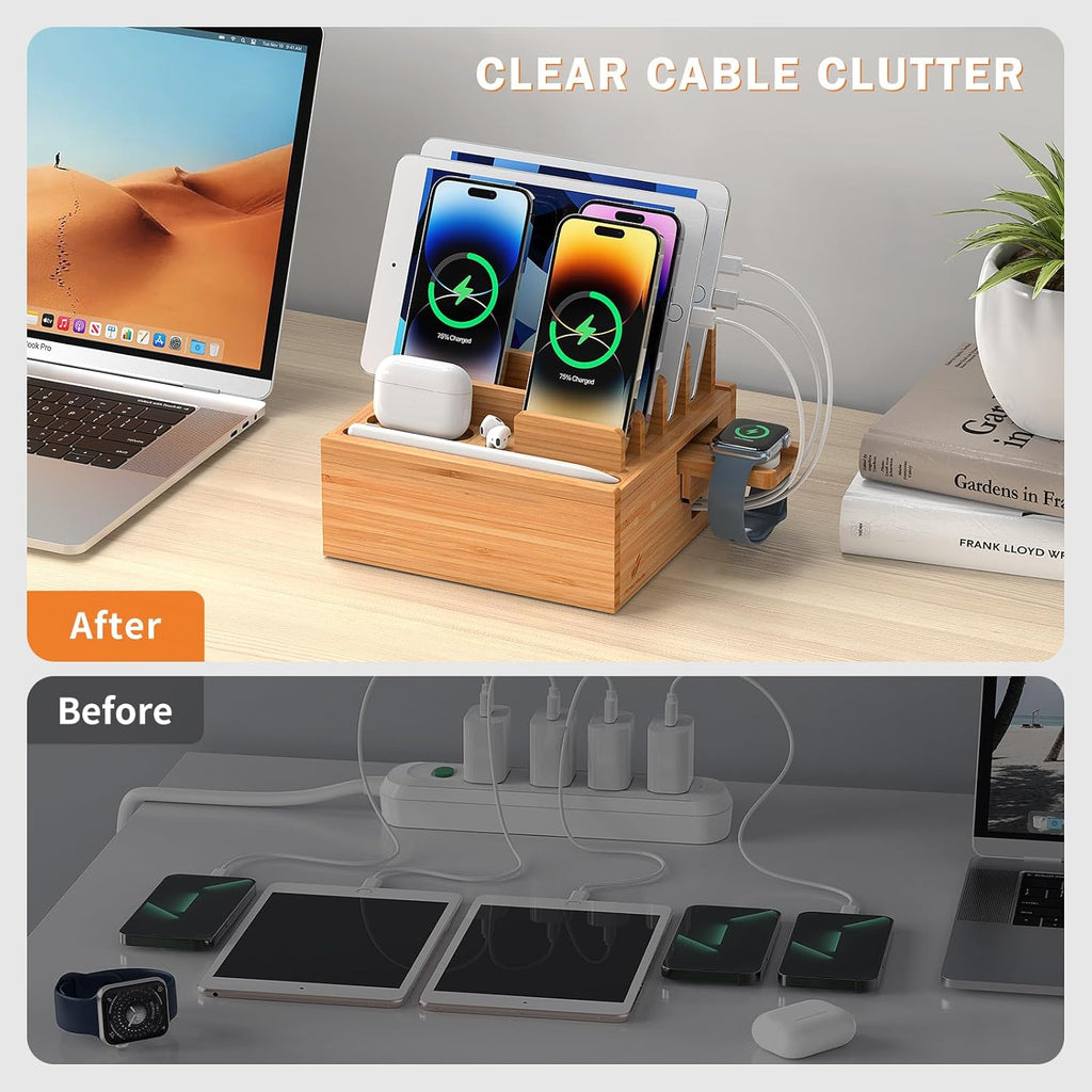 Pezin & Hulin Desktop USB Charging Station with Bamboo Charging Station, Desktop Charger Block, Compatible with Tablet, Cell Phone, Earbuds, Smartwatch