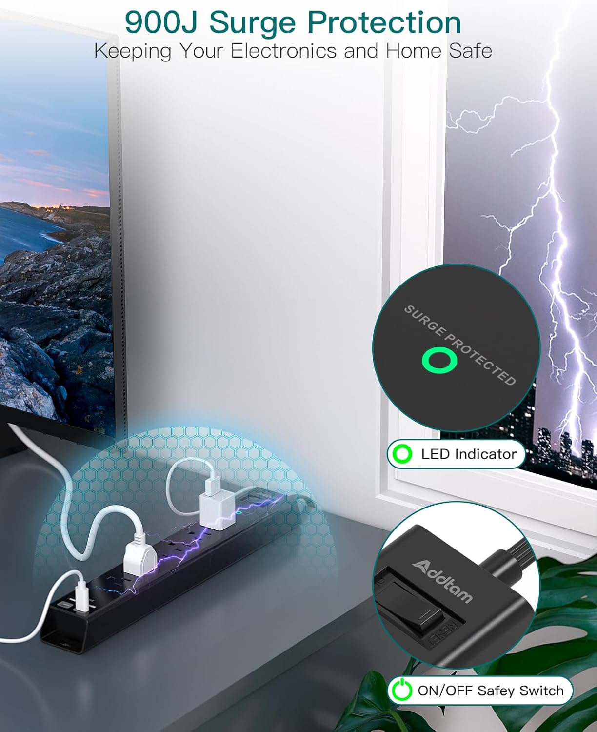 6Ft Power Strip Surge Protector - Addtam Extension Cord with 6 AC Outlets and 4 USB (2 USB-C) Ports, 1875W/15A, Wall Mount, Multi Plug Outlet Extender for Home Office College Dorm Room Essentials