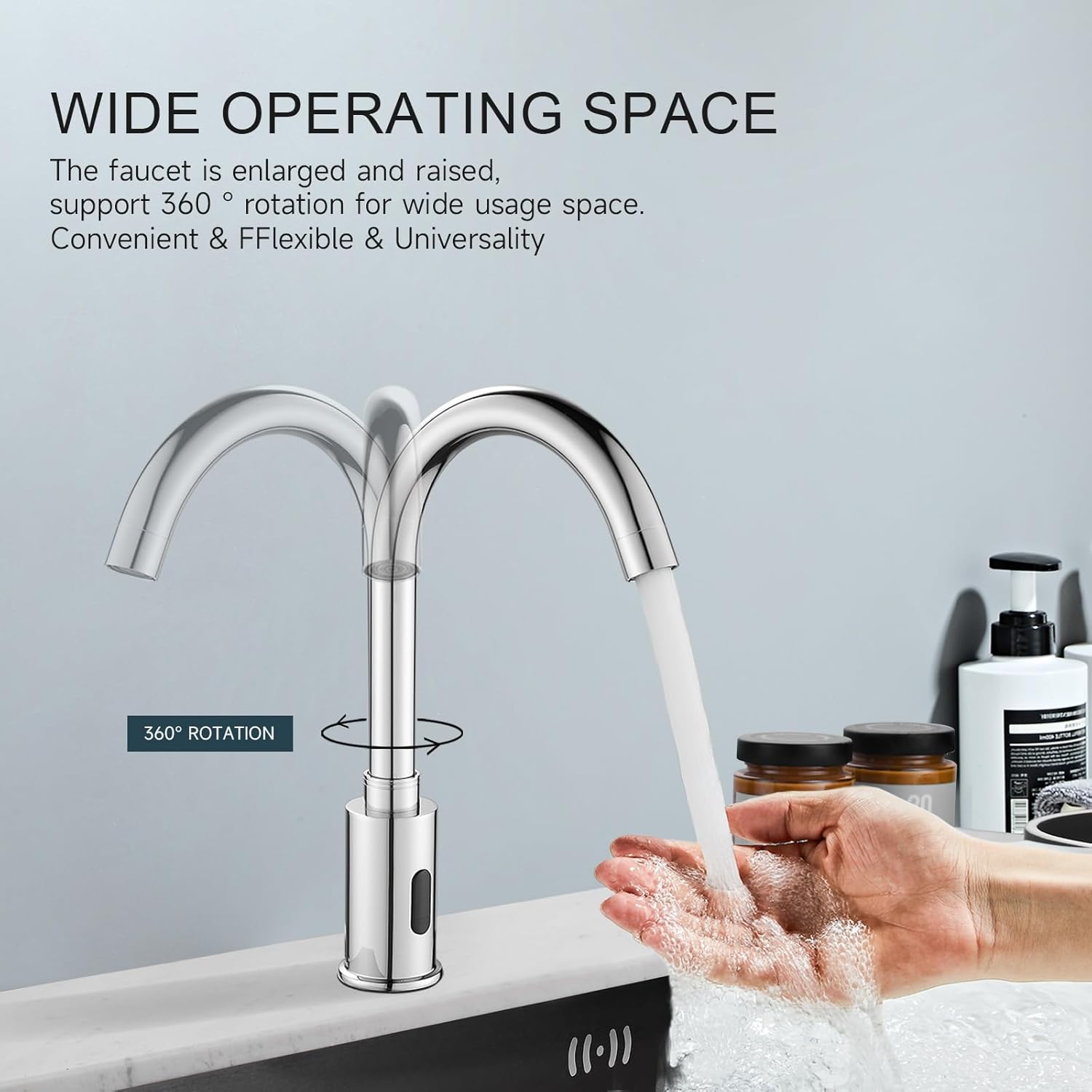 Automatic Touchless Bathroom Sink Faucet Motion Sensor Commercial Kitchen Hands Free Faucet with Hole Cover Plate,AC/DC Powered, Public Sink Faucet,Chrome (Chrome High)