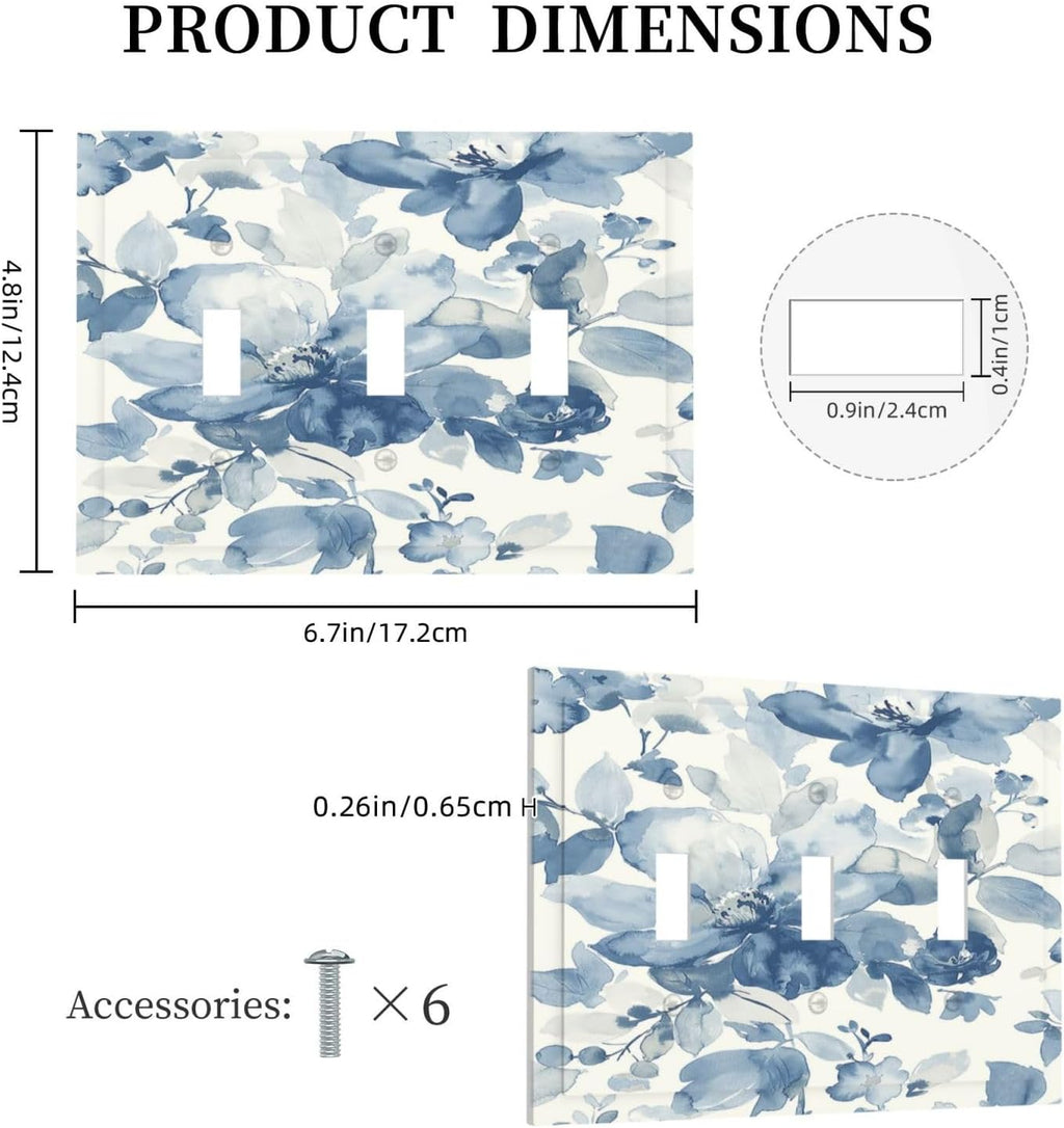 Decorative Switch Plates Blue Watercolor Floral 3 Gang Wall Plate Triple Toggle Light Switch Cover Faceplate Electrical Wall Panels for Bedroom Bathroom Decor