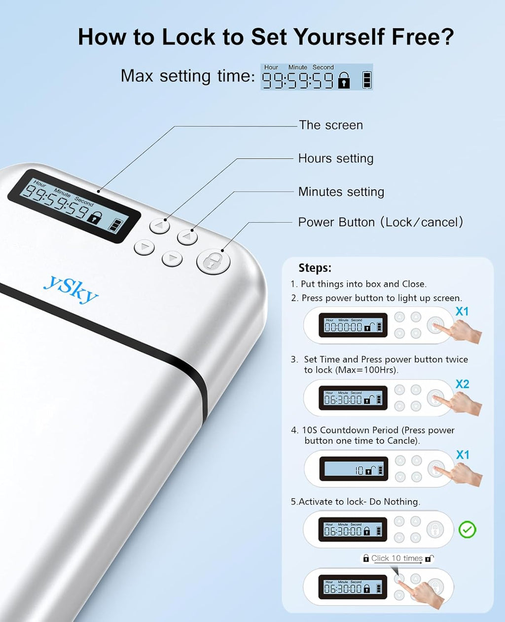 ySky Metal Phone Lock Box with Timer,Portable Timed Phone Lock Box for iPhone and Android Phones, Self-Control Timer Phone Locker to Help Kids,Students, Adults Focus Back, Phone Jail Box