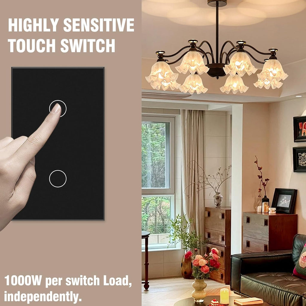 2 Way Light Switch 118X72X34MM No Neutral Wire, Wall Touch Switch 1000W, Tempered Glass Panel, FCC, Black 2 Gang